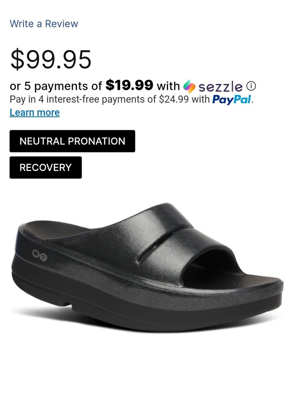 OOFOS Women’s Black Slip-On Recovery Sandal